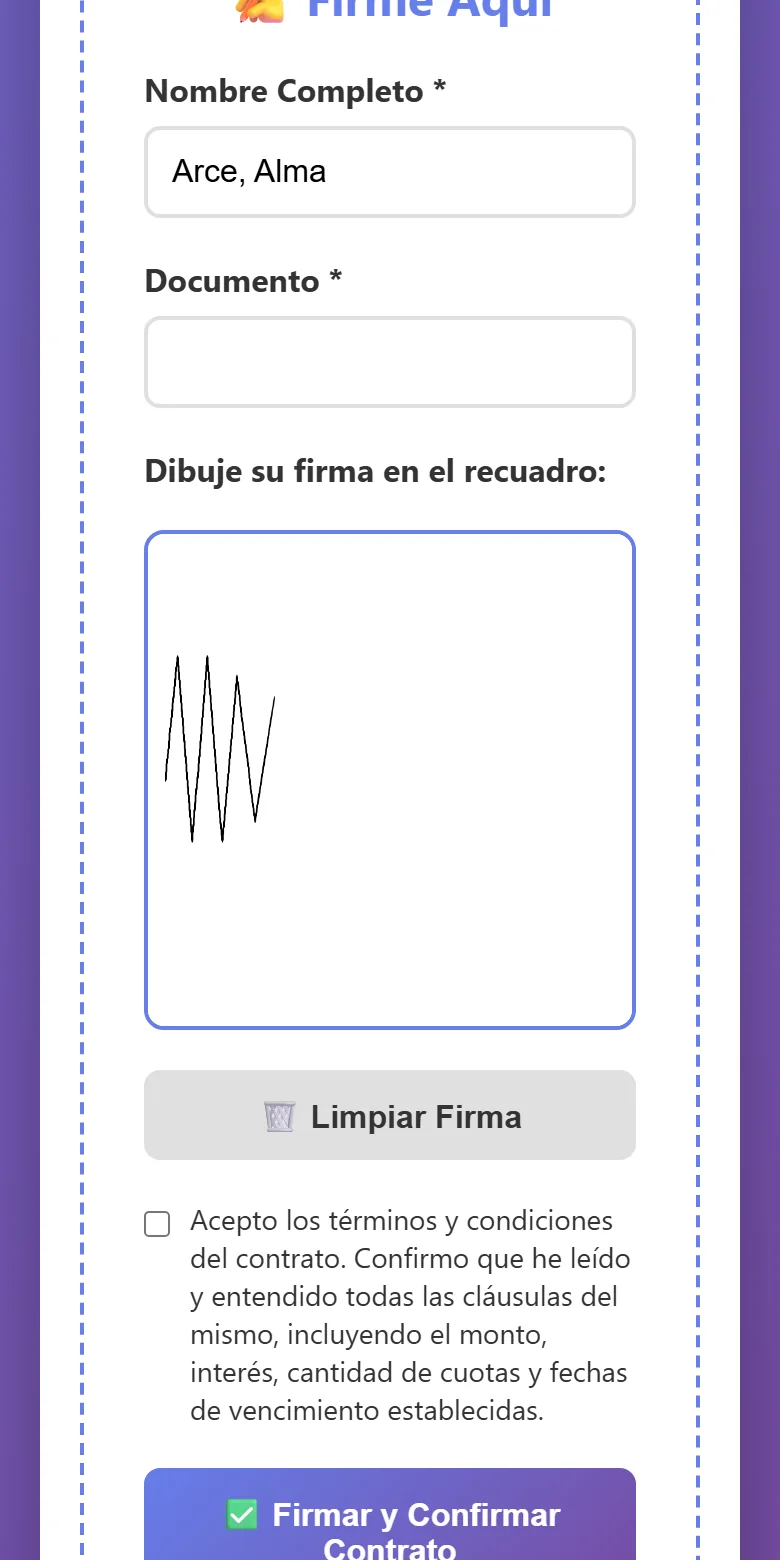 Pantalla de firma en el celular del cliente, con el recuadro donde dibuja su firma con el dedo y el botón para confirmar el contrato