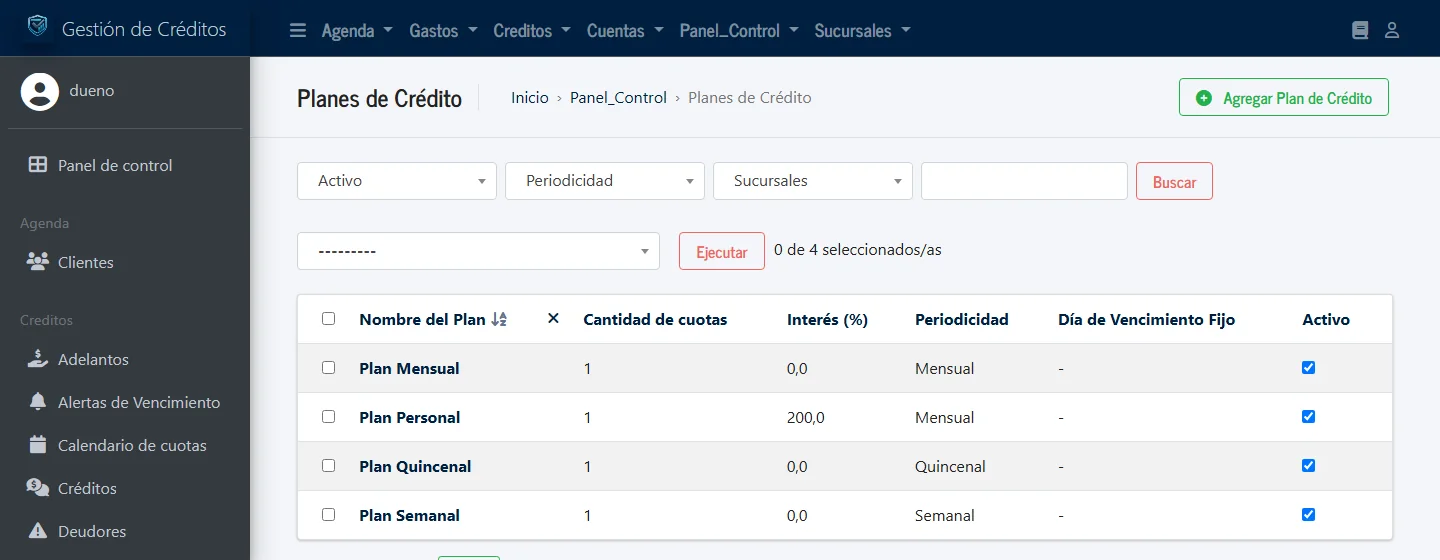 Pantalla de planes de crédito con cuatro planes cargados: mensual, personal, quincenal y semanal, con su interés y periodicidad