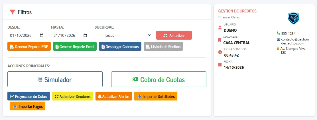 Panel de control con los filtros de fecha y sucursal y los botones para generar el reporte en PDF, en Excel, las cobranzas y el listado de recibos