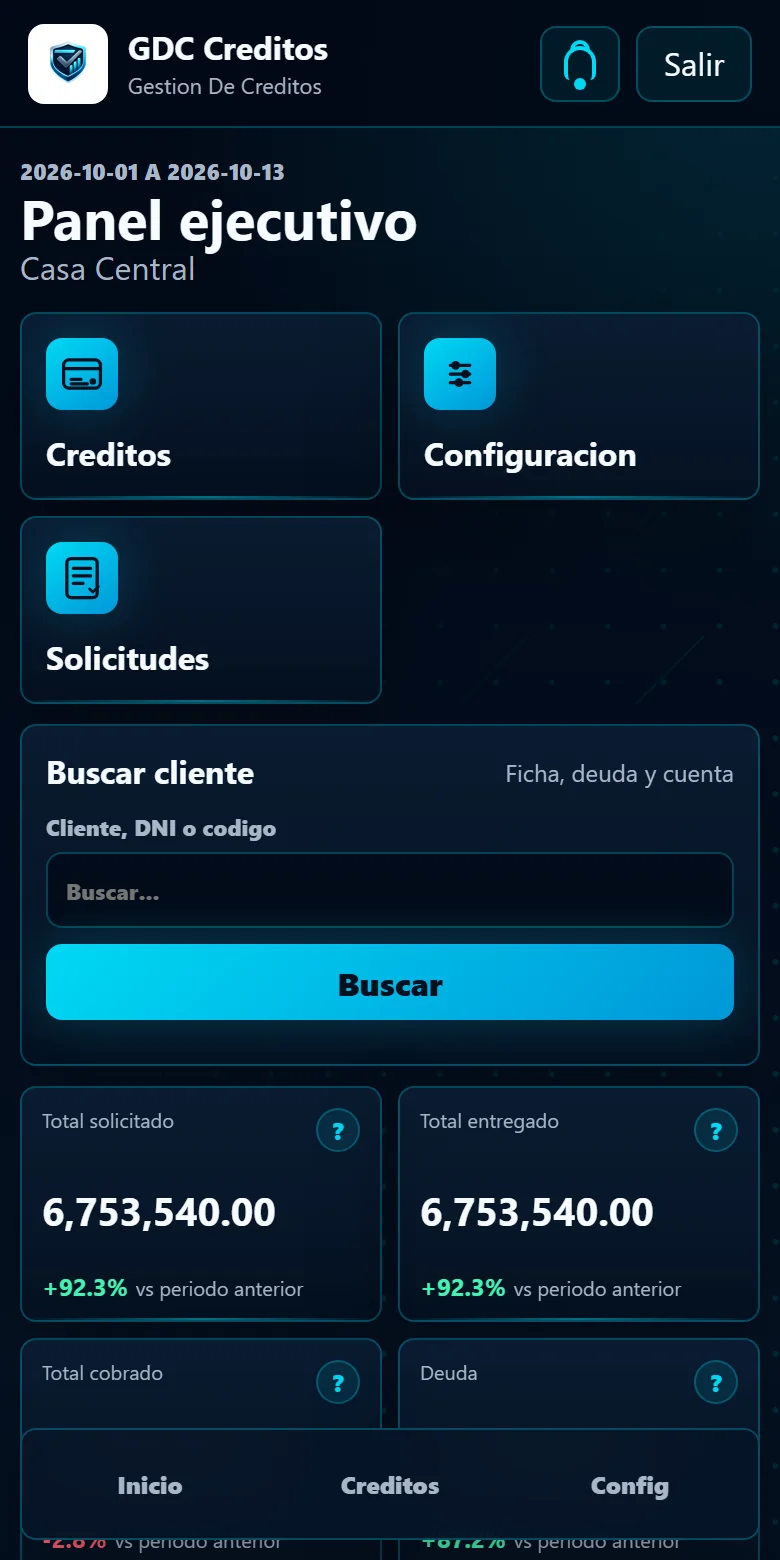 Panel ejecutivo en la pantalla de un celular, con buscador de clientes y totales solicitado, entregado, cobrado y de deuda