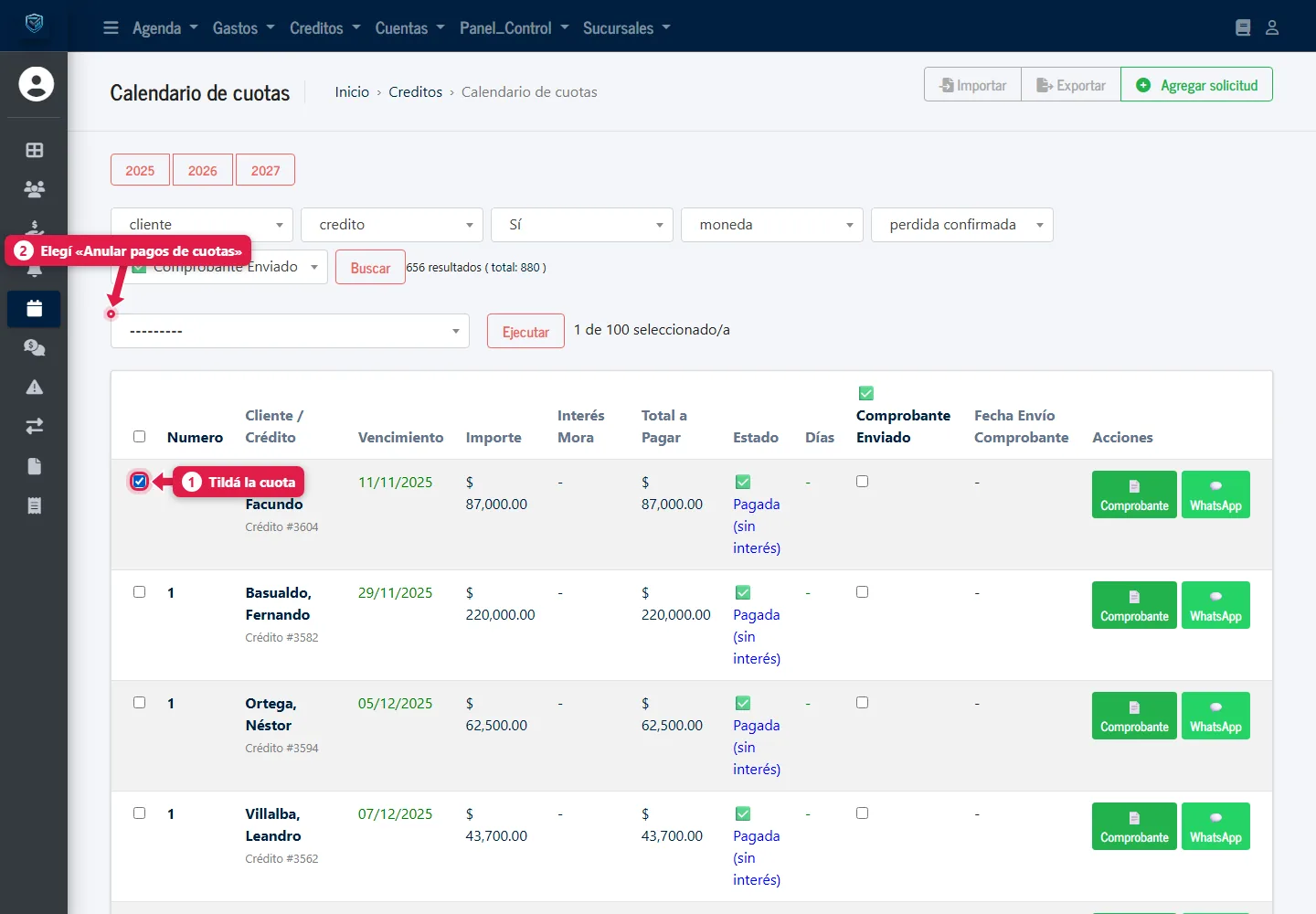 Cuota seleccionada y menú de acciones con Anular pagos de cuotas