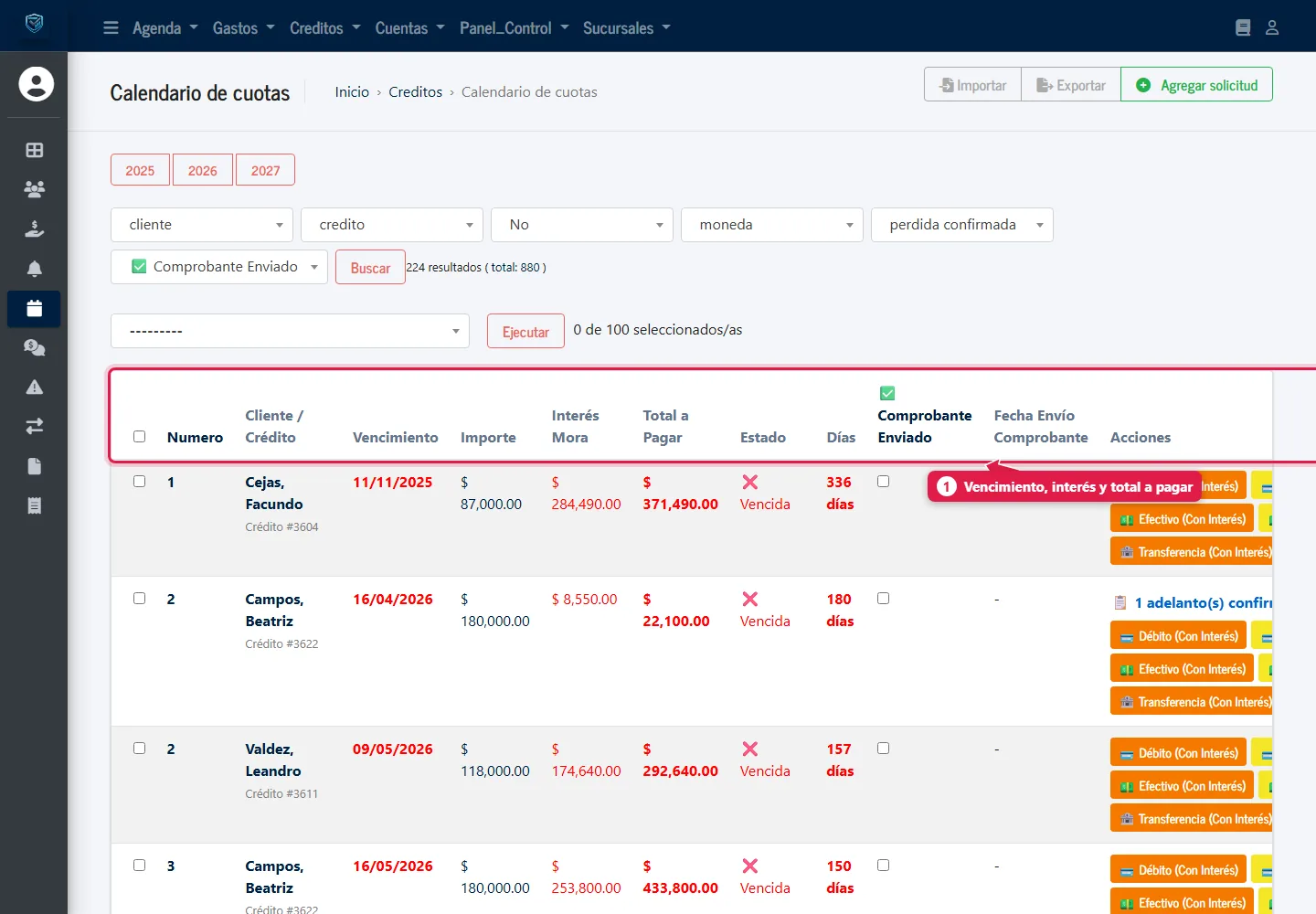 Calendario de cuotas con vencimiento, importe, interés de mora y total a pagar