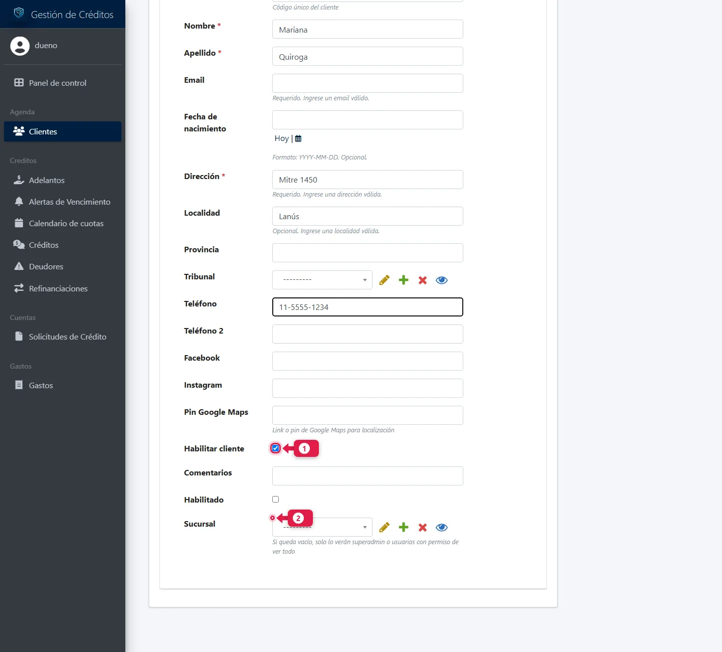 Casillero Habilitar cliente y selector de sucursal
