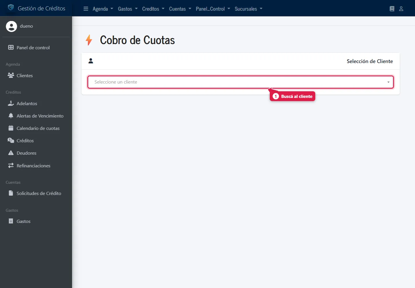 Pantalla de cobro con el buscador de cliente