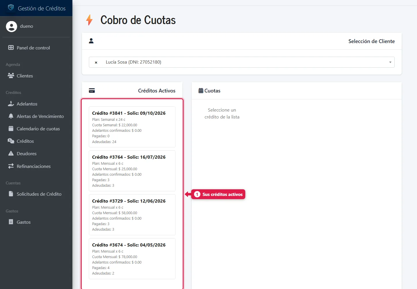 Créditos activos del cliente con plan, cuota, adelantos, pagadas y adeudadas