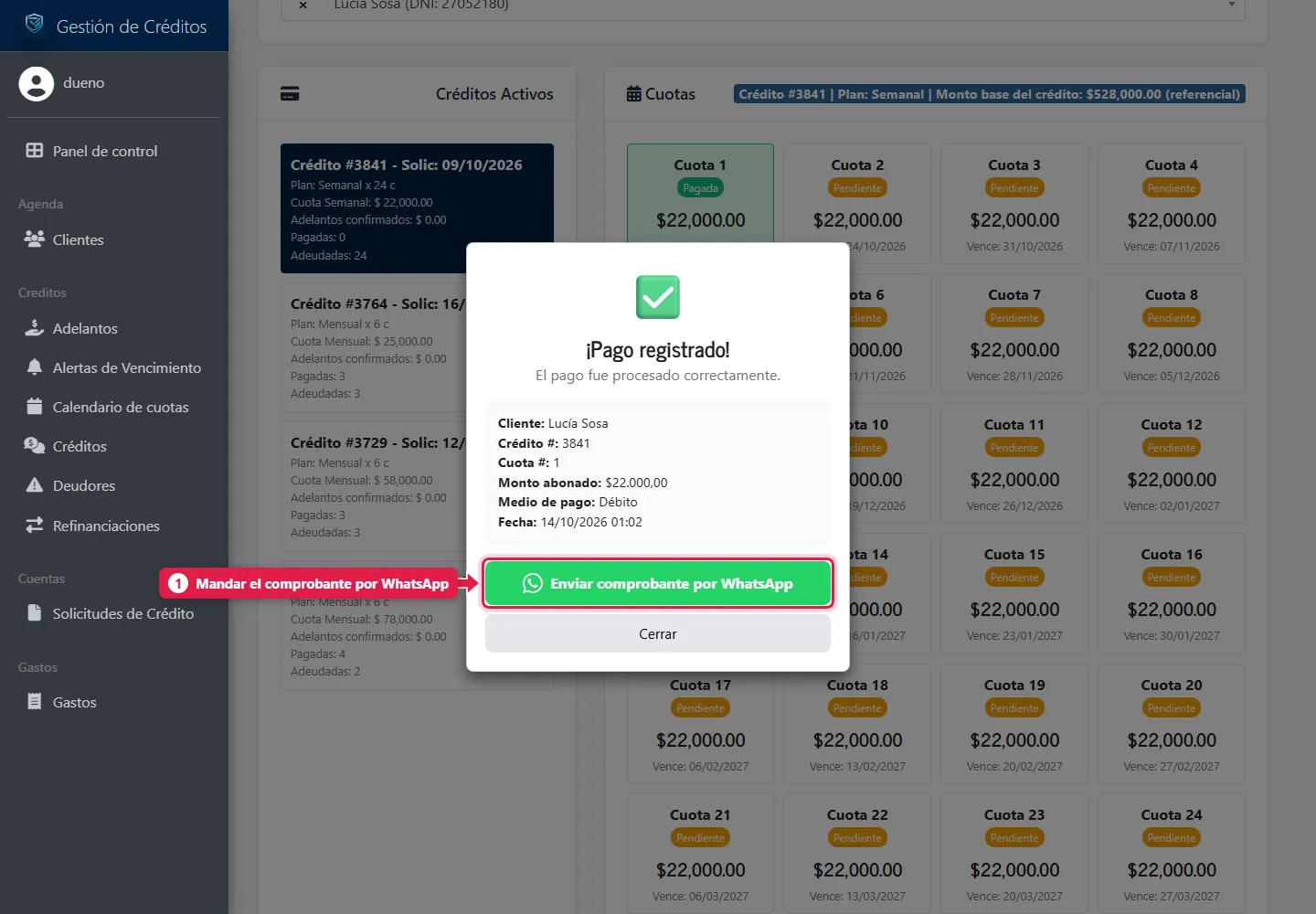 Aviso de pago registrado con el botón de WhatsApp