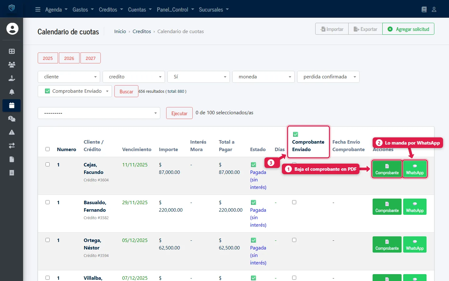 Calendario de cuotas pagadas con los botones Comprobante y WhatsApp