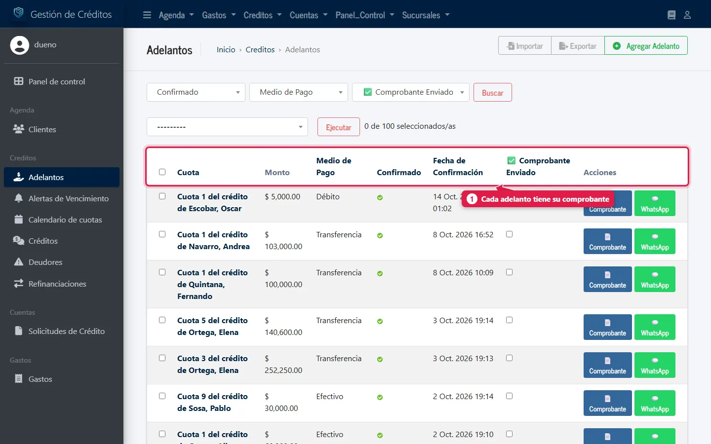 Lista de adelantos con comprobante y WhatsApp