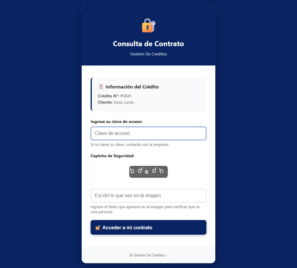 Pantalla de ingreso con la clave y el captcha
