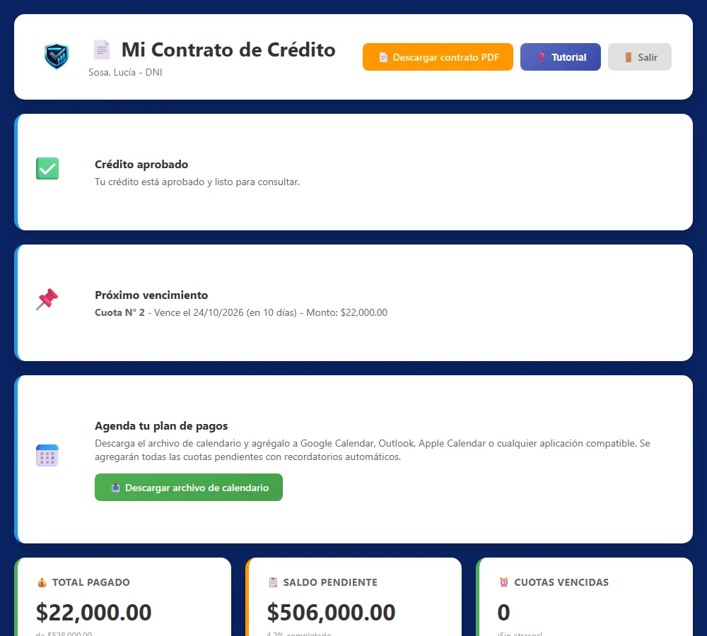 Detalle del contrato: estado, próximo vencimiento, total pagado y saldo pendiente