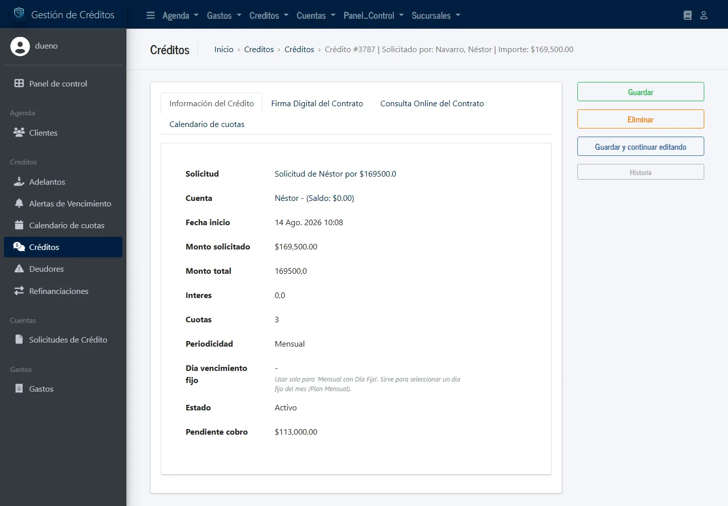 Ficha de un crédito con las pestañas Información del Crédito, Firma Digital del Contrato, Consulta Online del Contrato y Calendario de cuotas