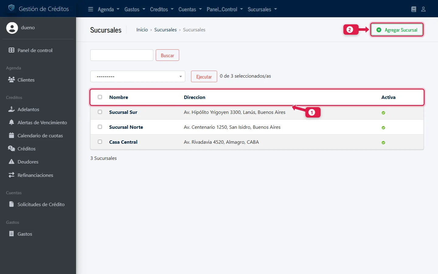 Lista de sucursales con nombre, dirección y si está activa