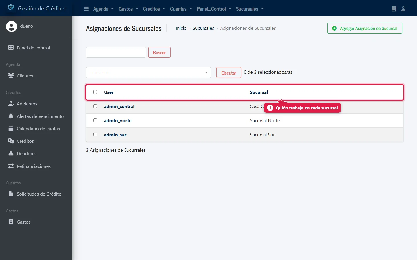 Lista de asignaciones: cada usuario con su sucursal
