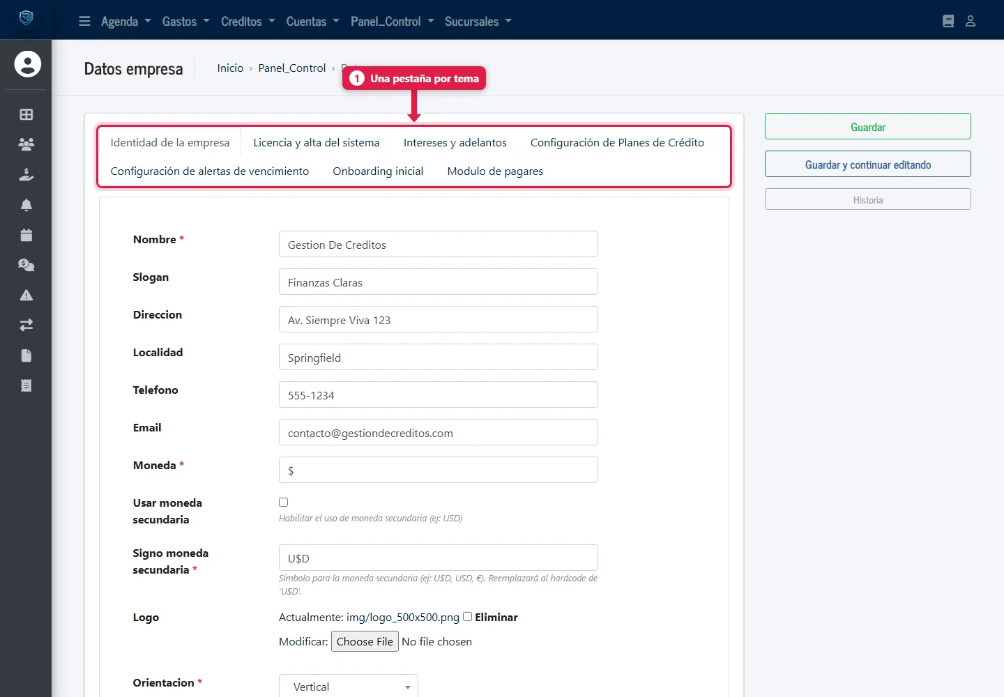 Pestañas de la configuración de la empresa