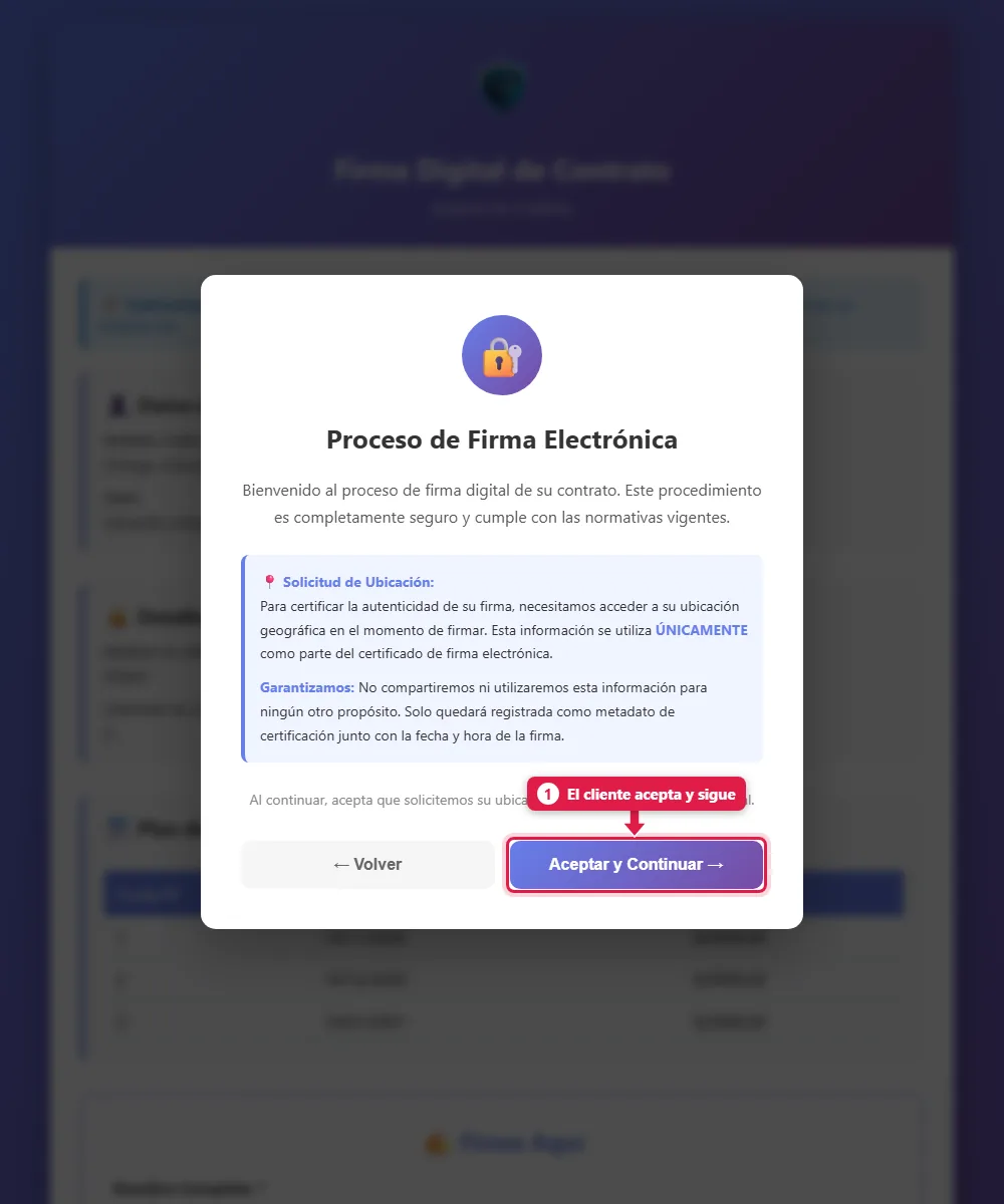 Pantalla de firma electrónica con la explicación y el botón Aceptar y Continuar