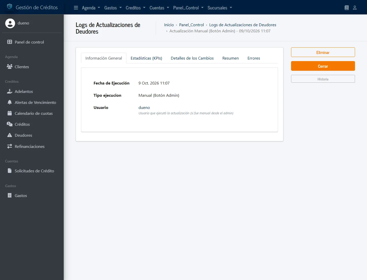 Detalle de una corrida con los nombres de nuevos, reactivados y desactivados