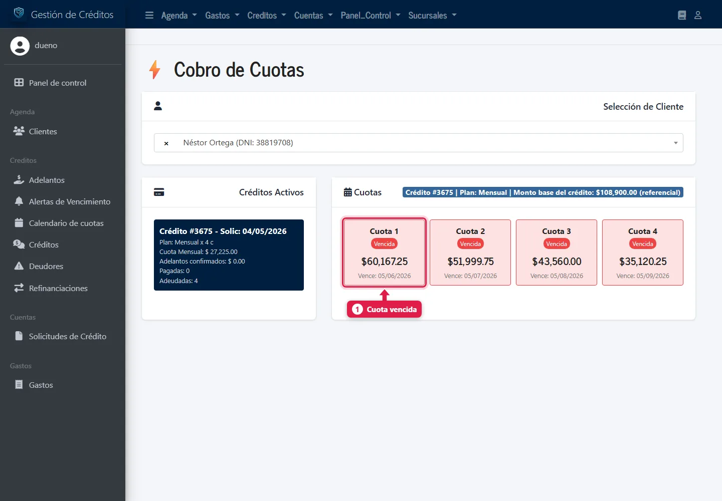 Calendario con cuotas vencidas en rojo