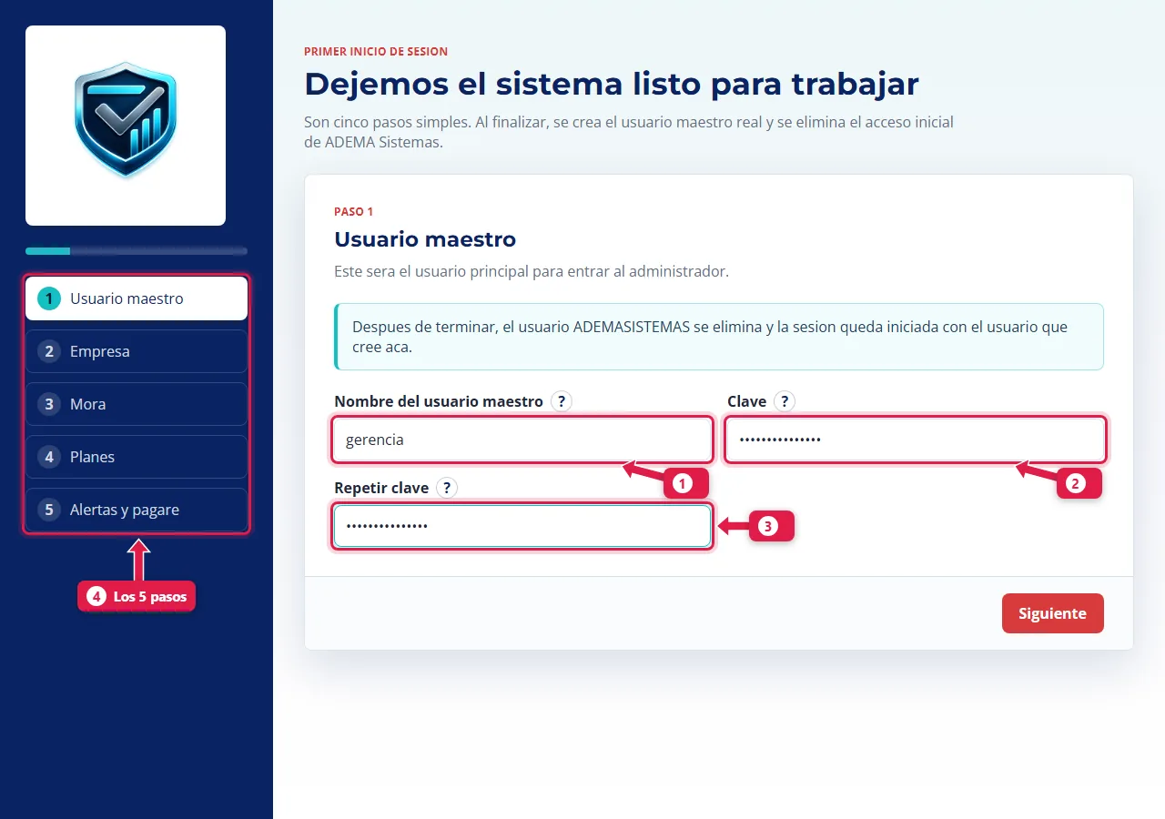 Paso 1 del asistente: usuario maestro con nombre y clave