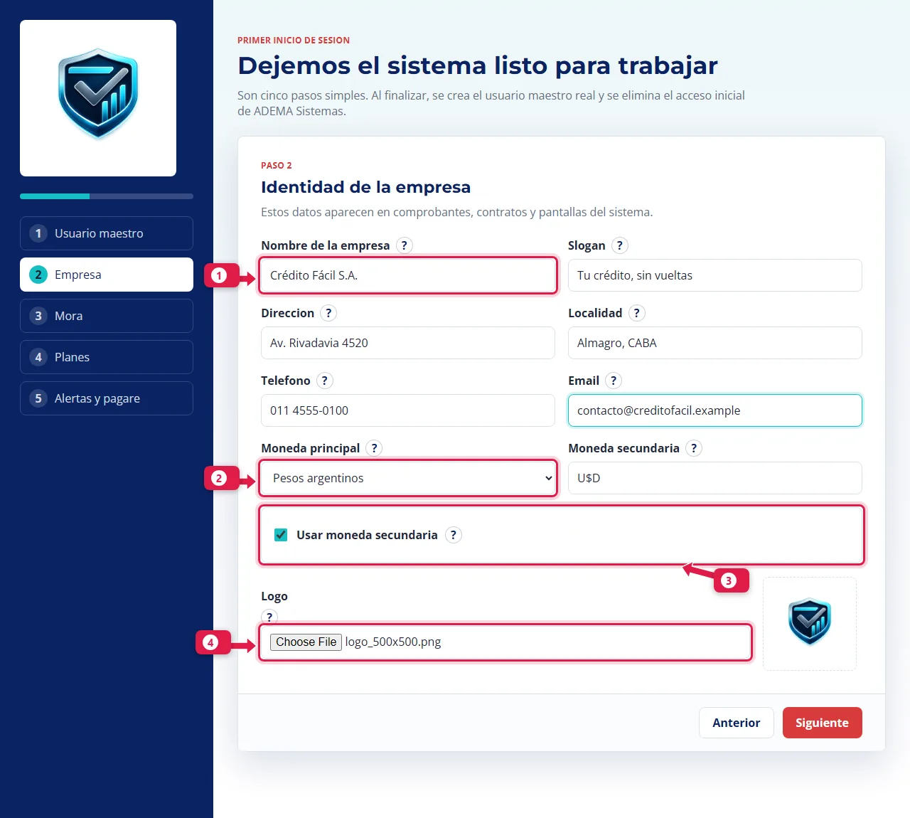 Paso 2: identidad de la empresa con nombre, moneda y logo