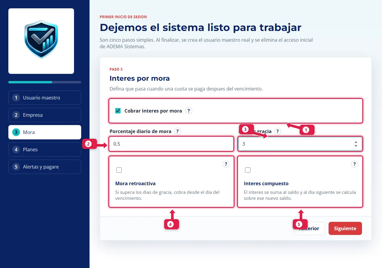 Paso 3: interés por mora con porcentaje diario y días de gracia