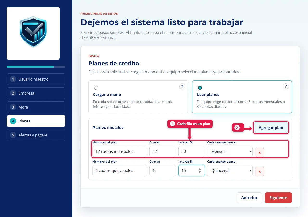 Planes definidos con nombre, cuotas, interés y periodicidad