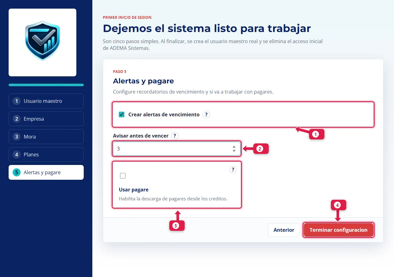 Paso 5: alertas de vencimiento y pagaré