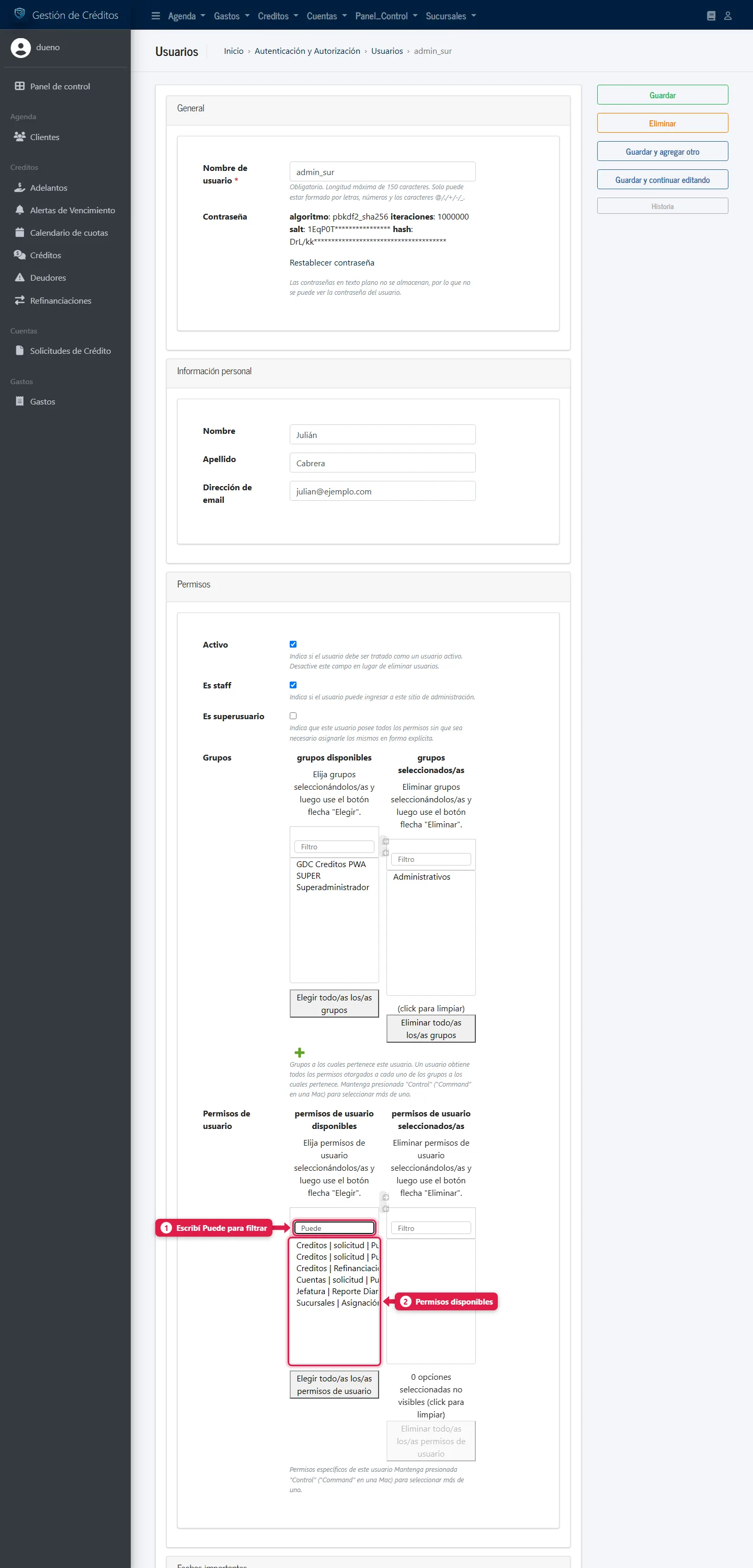 Buscador de permisos con la lista de permisos disponibles