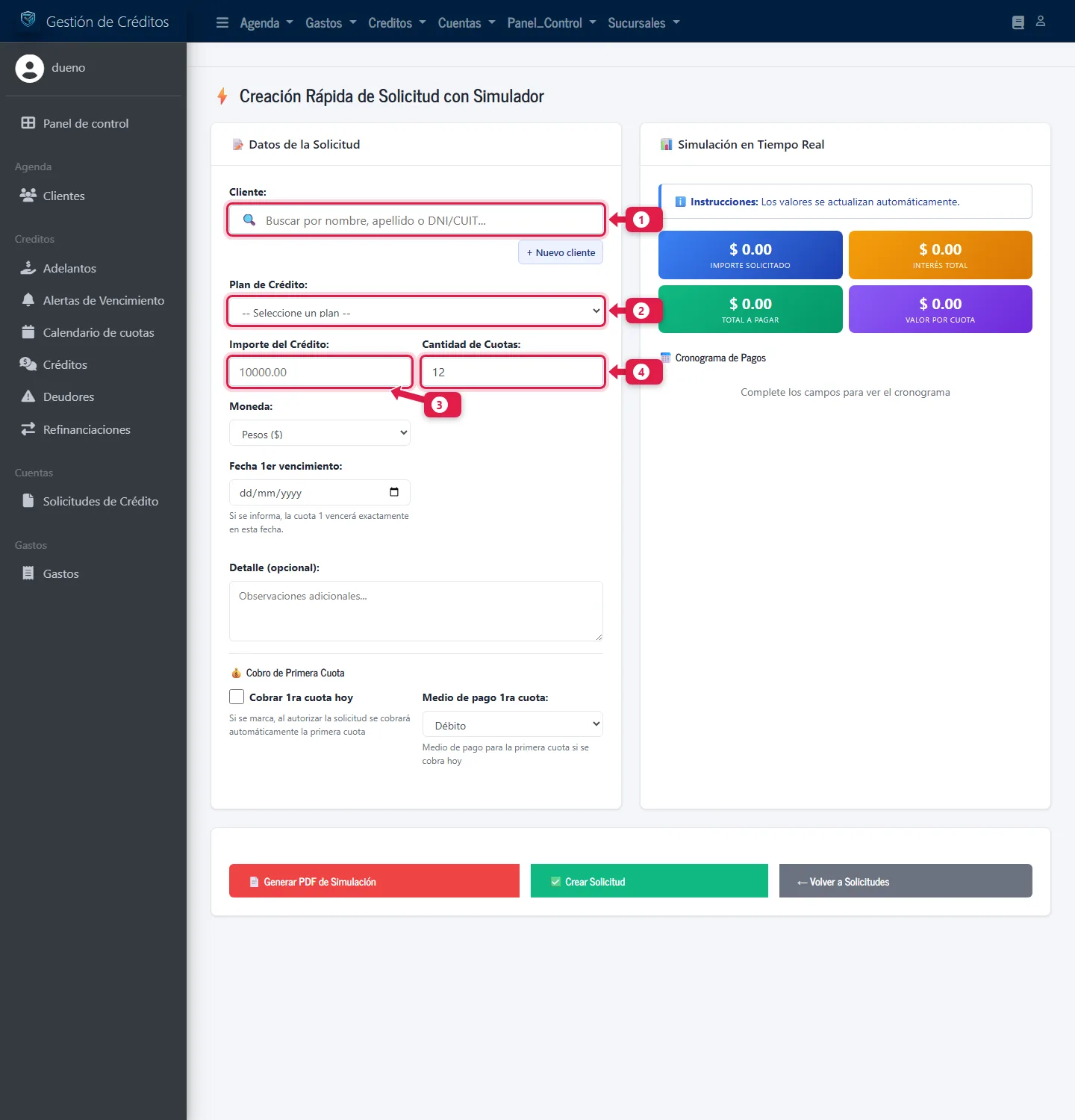 Simulador vacío con el buscador de cliente, plan, importe y cuotas