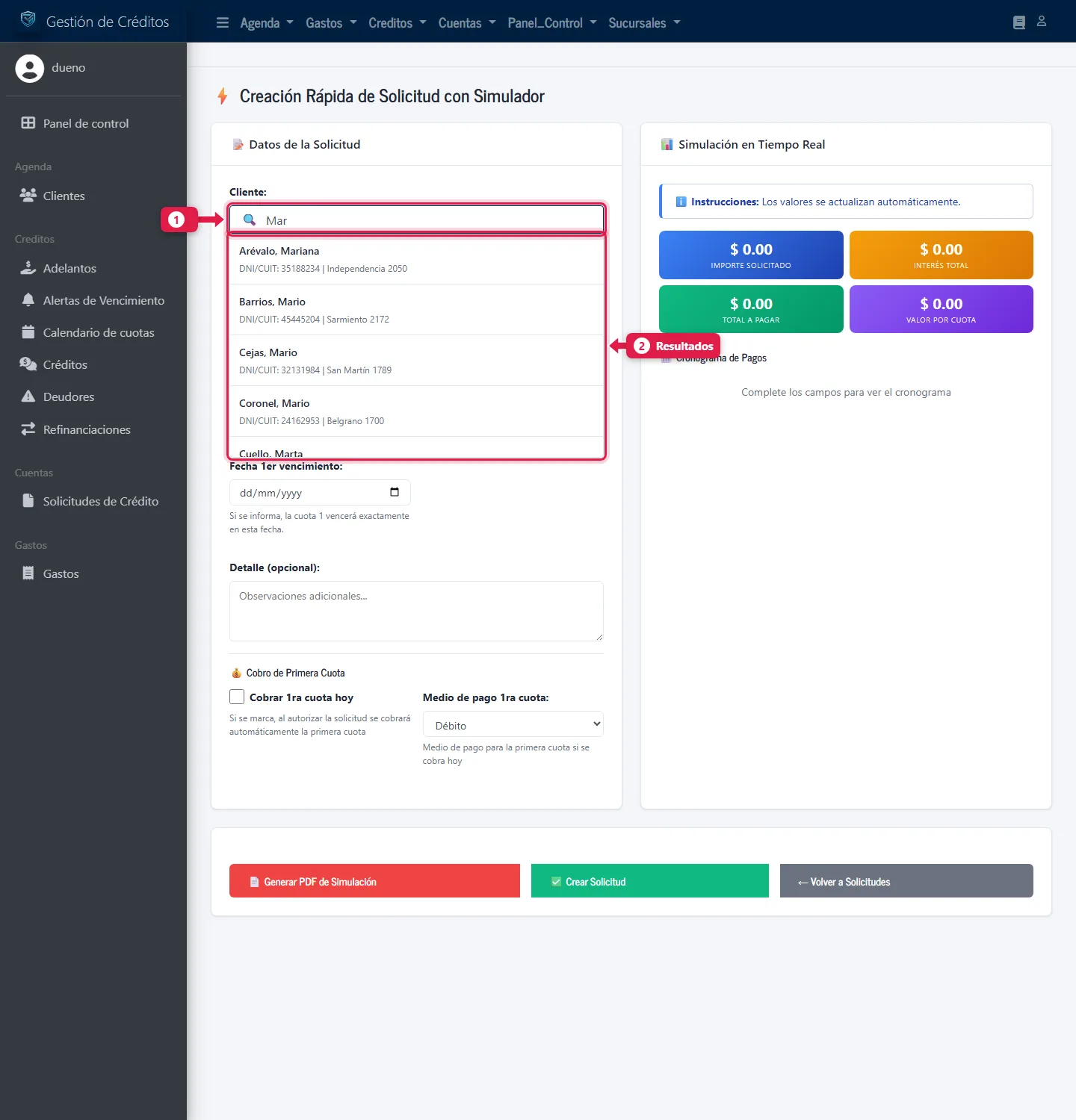 Buscador de cliente con los resultados