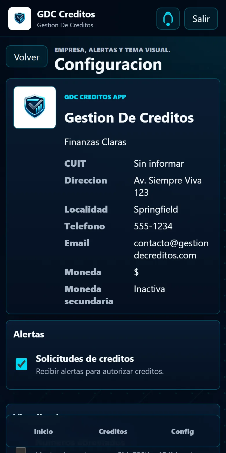 Configuración: alertas, números abreviados y tema visual