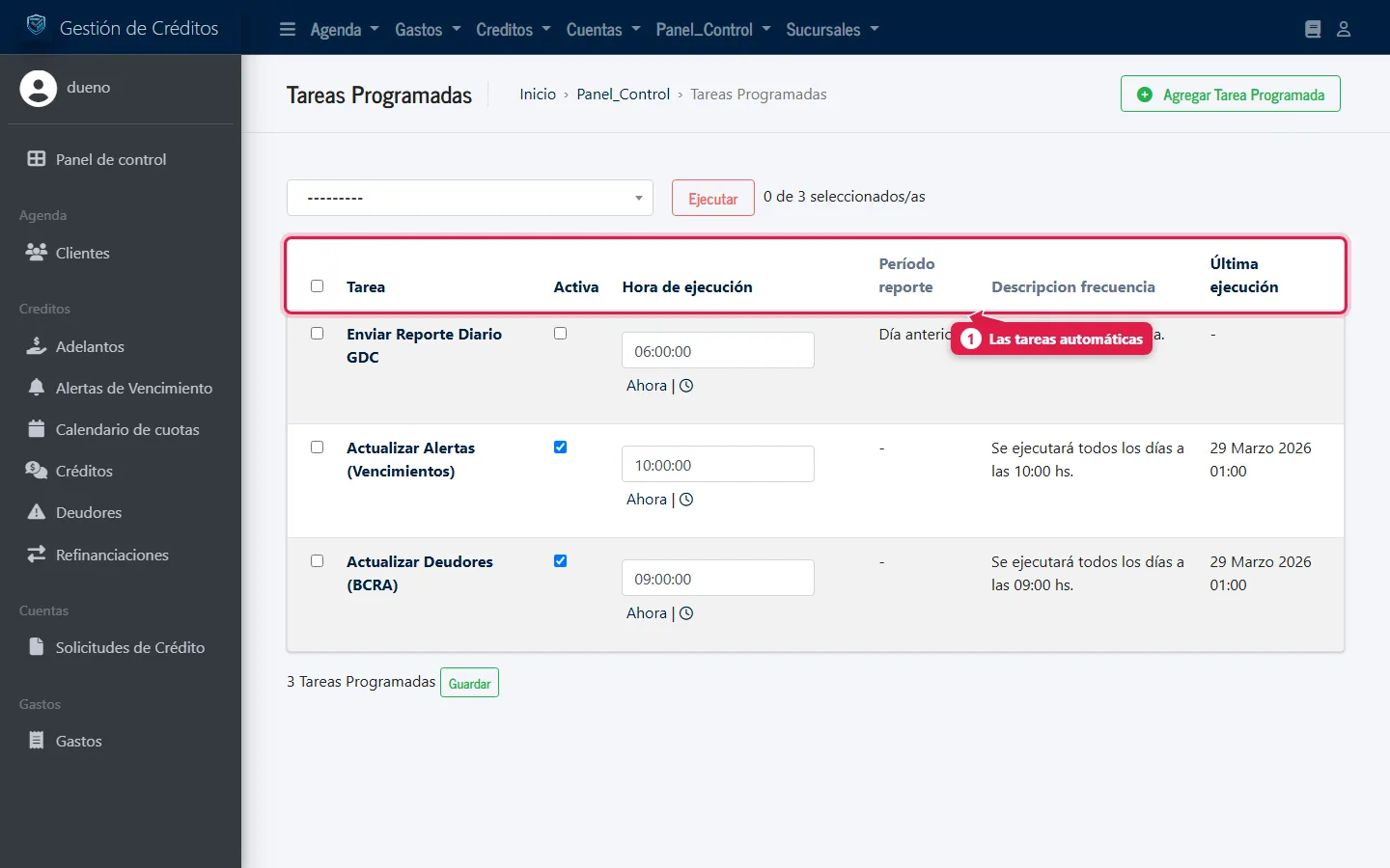 Lista de tareas programadas con estado, hora, frecuencia y última ejecución
